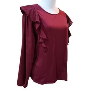 J. CREW Ruffled Blouse Size Large Burgundy Maroon Plaid Contrast Round Neck Soft